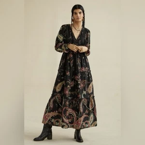 NWT ANTHROPOLOGIE Sz 10 PAISLEY MAXI DRESS In BLACK MOTIF - Picture 1 of 12
