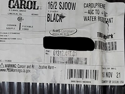 NEW Carol 01312 16/2C Carolprene SJOOW 300V 90C Portable Power Cable Cord Black - Image 1 of 4