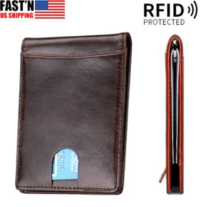 RFID Blocking Genuine Leather Credit Card Holder Money Cash Clip Wallet Purse - Picture 1 of 18