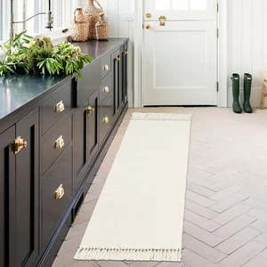 Boho Farmhouse Bathroom Runner Rug 2'X6', off White Cotton Woven Throw Rugs for - Picture 1 of 7