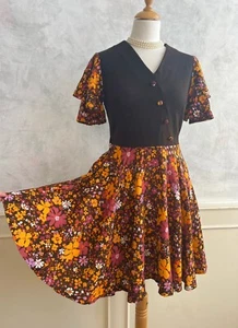 Vintage 1970s CANDA COURTELLE Brown Orange Retro Flower Power GoGo Mini Dress 10 - Picture 1 of 9