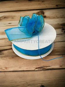 7/8" (TURQUOISE) Organza PULL RUFFLED BOW Ribbon GOLD Edge on one side 25 Yds - Picture 1 of 1