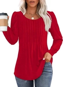 Long Sleeve Shirts for Women Fall Tops Dressy Casual Blouses Pleated Scooped Nec - Picture 1 of 12
