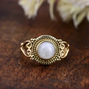 Rainbow Moonstone Round 925 Sterling Silver Handmade Women Ring, Rainbow Moonsto - Picture 1 of 5
