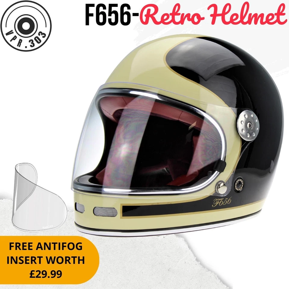 CASCO MOTO INTEGRALE VINTAGE FIBRA DI VETRO CASCO NERO PANNA VIPER F656 ECE22.06 - Immagine 1 di 4