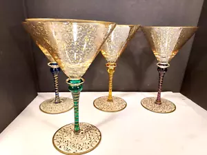 Pier 1 RIOJA 4 Pc Martini Glasses Gold Overlay Scroll Design 4 Colors Vintage - Picture 1 of 7