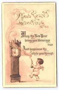 Postcard New Years Day Greetings 1913 Cherub Grandfather Clock C352 - Picture 1 of 2