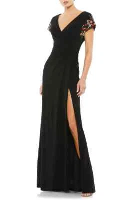 Ieena Mac Duggal Black Beaded Sleeve Faux Wrap Gown Sz 8 $498 - Image 1 of 3