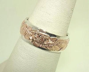 8MM RHODIUM & ROSE GOLD PLATED 925 SILVER HAWAIIAN HERITAGE SCROLLS DOUBLE RING - Picture 1 of 12