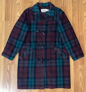 L.L.Bean Tartan Plaid Vintage Duffle Coat Womens L Full Zip Wool Outdoor USA 80s - Picture 1 of 9