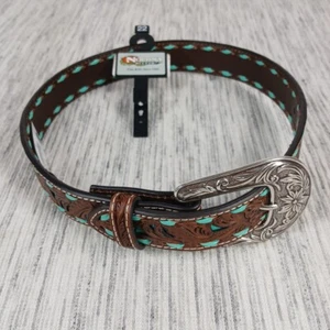 Nocona Western Belt Co Girls Leather Tooled Tourquise Belt Sz 22 Cowgirl - Picture 1 of 9