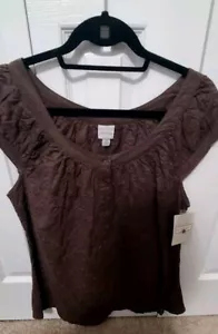 NWT Merona Womens Boho Peasant Embroidered Floral Brown Top Blouse Shirt XL - Picture 1 of 8