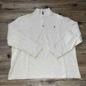 Polo Ralph Lauren Sweater Mens 2XL Beige Quarter Zip Pullover Green Pony - Picture 1 of 4
