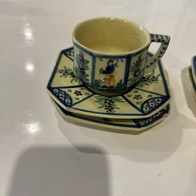 VTG Quimper Soleil  yellow OCTAGONAL tea cup set Breton MAN Hand Painted FRANCE - Image 1 of 4