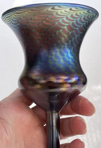 Vintage iridescent favrile pulled feather art glass goblet candle holder - Picture 1 of 18