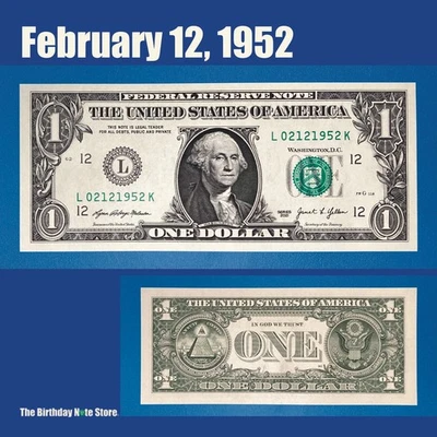 February 12, 1952 Birthday Anniversary $1 One Dollar Bill Serial Number 02121952 - Image 1 of 2