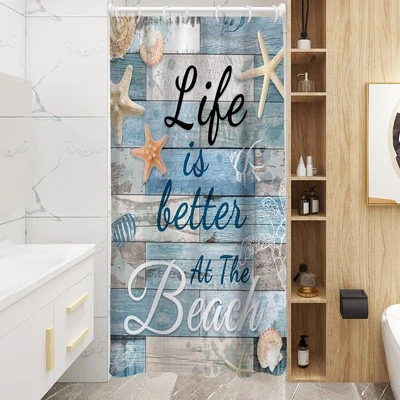 Beach Shower Curtain Sea Ocean Coastal Nautical Rustic Seashell Fish Starfish... - Image 1 of 4
