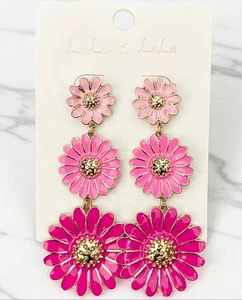 3.25" Long Pink Fuchsia Flowers Linear Statement Big Enamel Earrings Pierced Ear - Picture 1 of 4