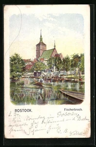 Künstler-AK Rostock, Partie am Fischerbruch, Boote 1903  - Picture 1 of 2