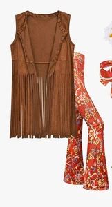 Hippie Boho Damen Halloween Kostüm Wildleder Fransen Weste & Schlaghose groß - Bild 1 von 13