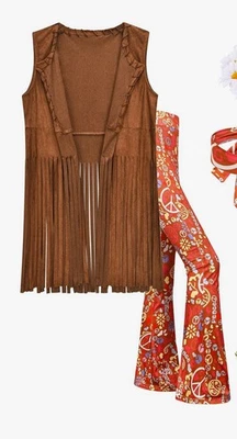 Hippie Boho Mujer Halloween Disfraz Gamuza Flecos Chaleco y Campana Parte Inferior Grande Foto 1 de 4