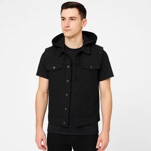 Gilet Royal Bones uomo nero medio con cappuccio borchie spalle bottoni streetwear - Foto 1 di 8