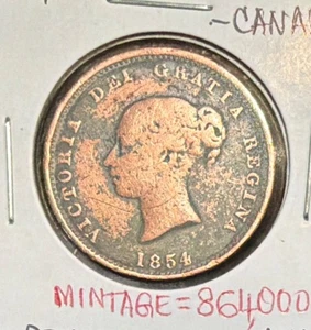 1854 New Brunswick-Canada  1/2 Penny Copper Token-Victoria-KM#3-MINTAGE=864,000 - Picture 1 of 4