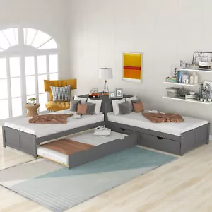 L-shaped Twin Size Platform Bed Frame with Trundle /Drawers Built-in Desk Gray - Picture 1 of 9