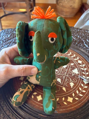 VINTAGE Small Stuffed Fabric Elephant Groovy 1960's 1970's 7.5" Long Batik Yarn - Image 1 of 4