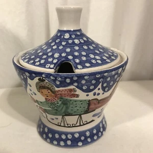 pottery 2 pc sugar bowl with lid winter sled barn snowflakes signed ? help - Bild 1 von 9