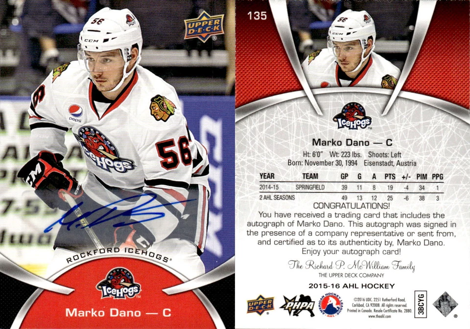 2015-16 Upper Deck AHL Autographs #135 Marko Dano Auto - NM-MT - Image 1 of 1