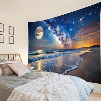 Full Moon Space Galaxy Nature Ocean Beach Tapestry for Bedroom Living Room Dorm - Image 1 of 4