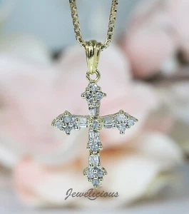 10K Yellow Gold Natural Diamond Small Cross Pendant - Picture 1 of 4