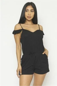 Black Cold Shoulder Ruffle Sleeve Romper Size Large Pockets Summer Travel - Picture 1 of 2