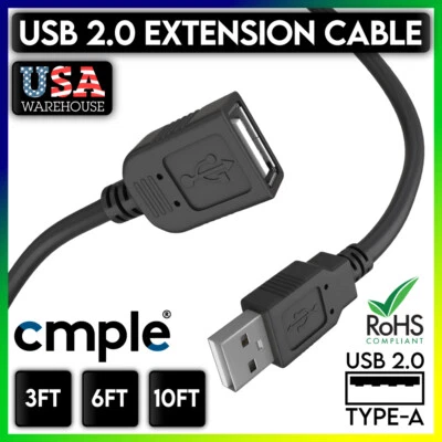 USB 2.0 Extension Extender Cable Cord M/F Standard Type A Male to Female Black - Image 1 of 4