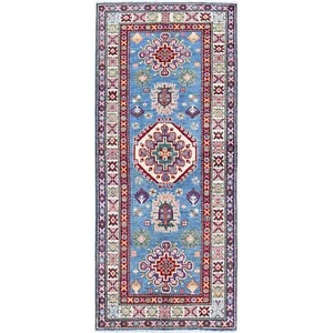 Alfombra de corredor de lana suave anudada a mano de 2'8"x6'4" azul kazajo con diseño tribal R446 - Imagen 1 de 7