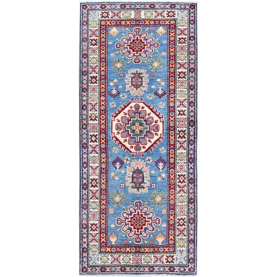 2'8"x6'4" Blue Kazak with Tribal Design Soft Wool Hand Knotted Runner Rug R446 - Image 1 of 4