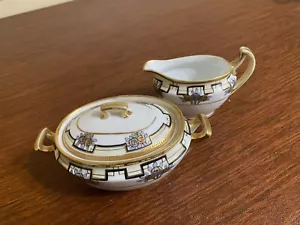 ANTIKES HANDBEMALTES NIPPON SAHNE & ZUCKER SET. grau/silber & gold Blumen. - Bild 1 von 3
