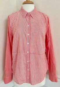 NWT Crown & Ivy Coral White Striped Long Sleeve Button Up Top Shirt Blouse L - Picture 1 of 2