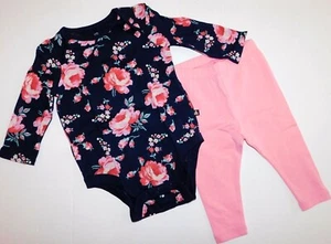 Gap Baby Girl Bodysuit Leggings Pink Dark Blue Size 6-12 Months Cotton Floral - Picture 1 of 3