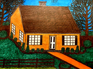 Orange Big House in Green Forest Architecture Design USA Town Drawing Artwork