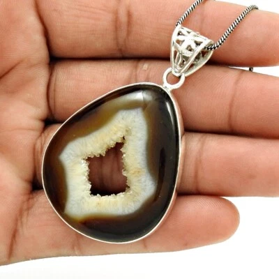 Damen Geschenk Naturbraun Druzy Quarz Edelstein Anhänger 925 Sterlingsilber - Bild 1 von 4