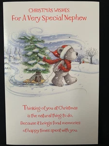 Nephew Christmas card, cute bear and tree, verse, 9" x 5" - Picture 1 of 4