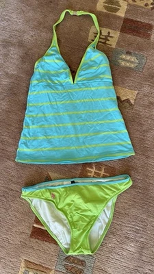 Tankini de natación Ralph Lauren azul/verde halter cuello en V parte superior e inferior talla S Foto 1 de 4