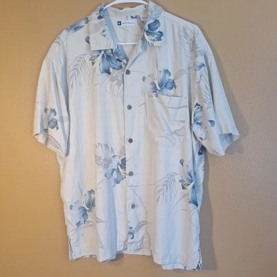 Camisa masculina havaiana de seda Bachrach manga curta azul marfim amarela, tamanho grande - Imagem 1 de 4