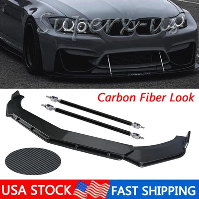 For BMW E90 E92 E93 325i 335i Front Bumper Lip Spoiler Kit + Strut Rods Carbon - Image 1 of 4