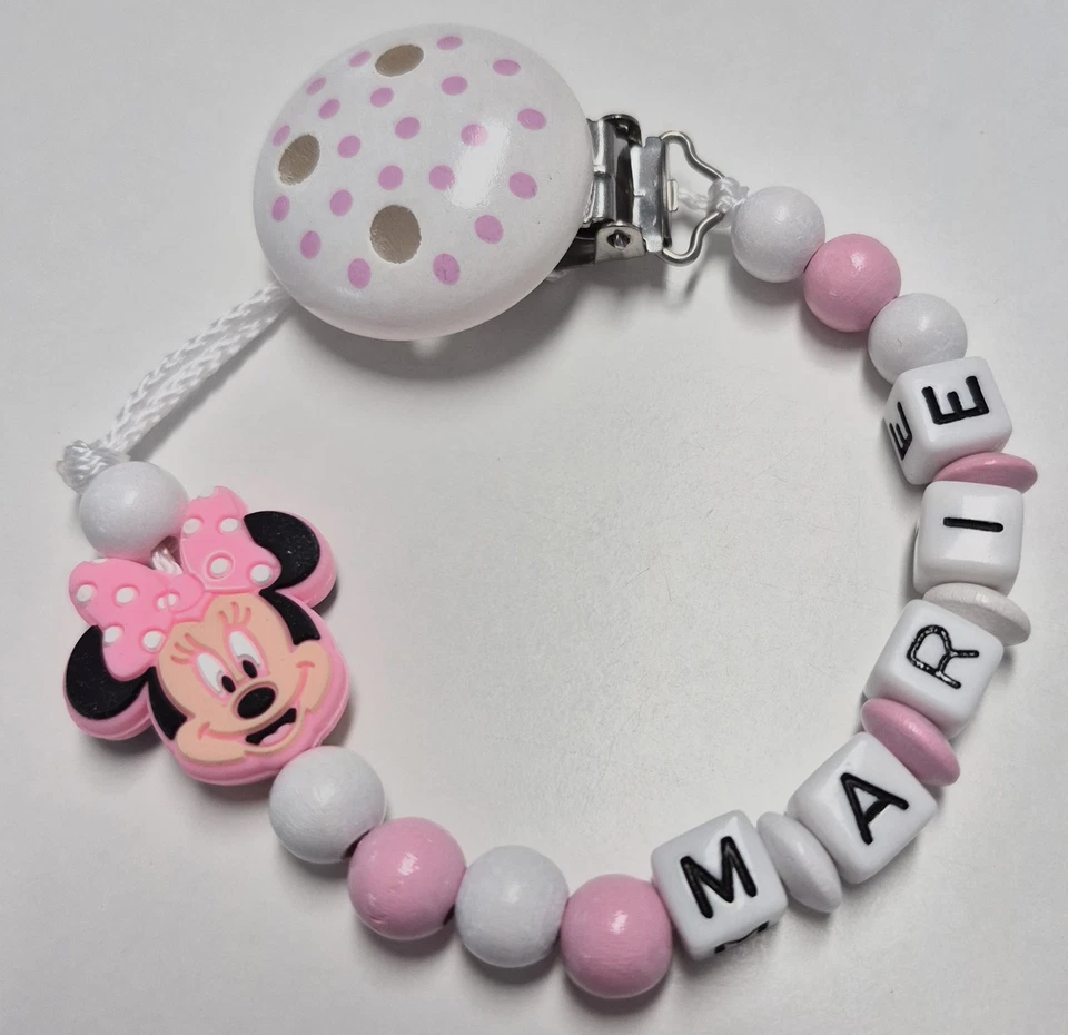 HANDGEFERTIGT Schnullerkette mit Namen❤️Mädchen❤️JUNGE❤️Nucki❤️Minni Mouse❤️Schnuller❤️BABY