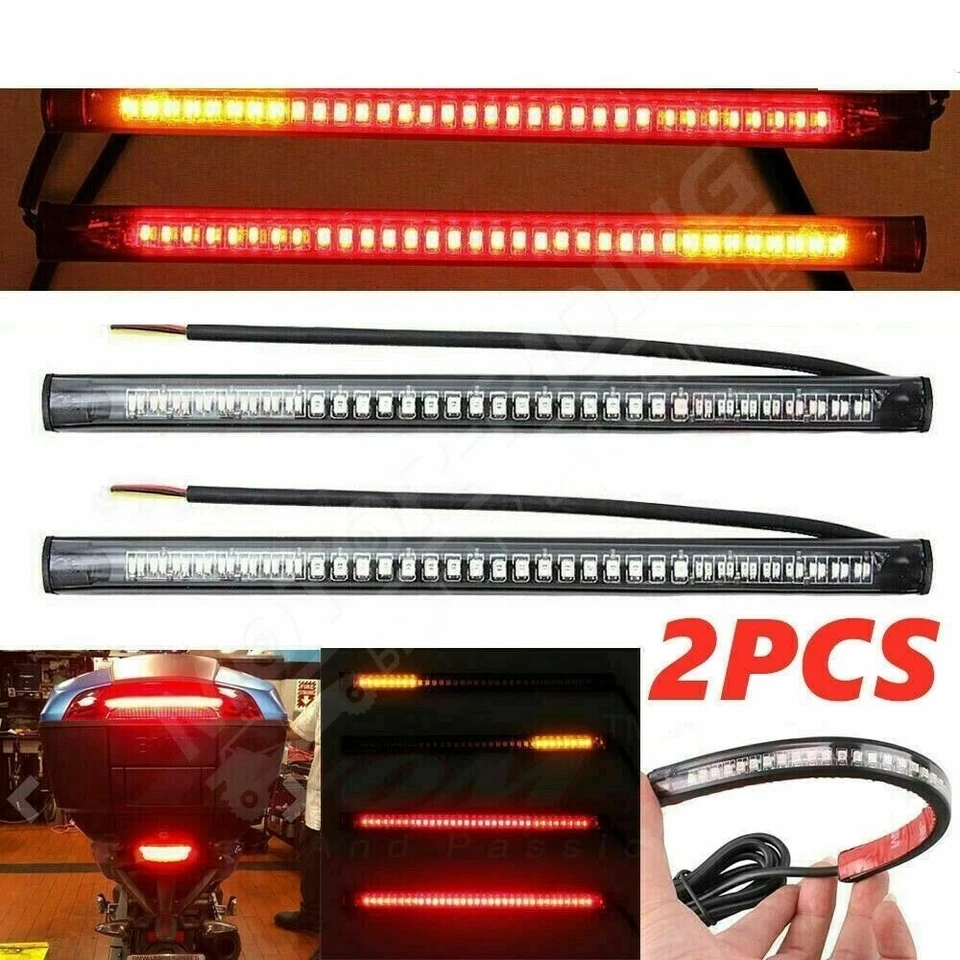 2Pcs 8" Motorcycle 48 LED Integrated Brake Stop Turn Signal Tail Light Strip Bar Foto 1 de 4