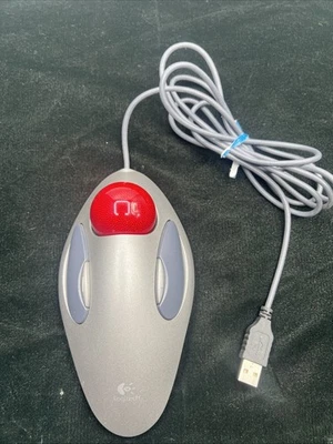 Logitech Trackman USB Red Marble Track Ball Computer Wired Mouse T-BC21 - Image 1 of 4