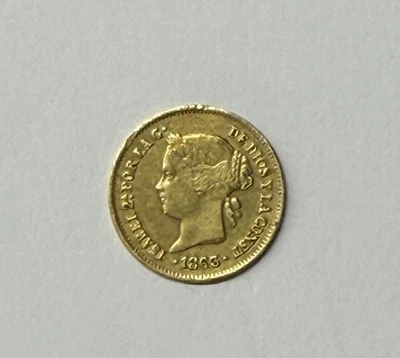 Moeda de ouro 1863 1 peso espanhola filipina Isabela II - Detalhes ex joia - Escassa - Imagem 1 de 2